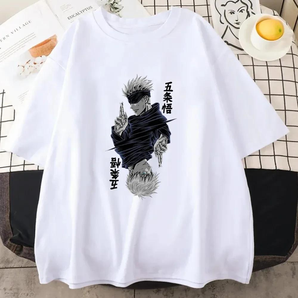 Fashion Jujutsu Kaisen Satoru Gojo Anime Printed Lady O-Neck Short Sleeve Women's T Shirt Black White Short Sleeve Polyester