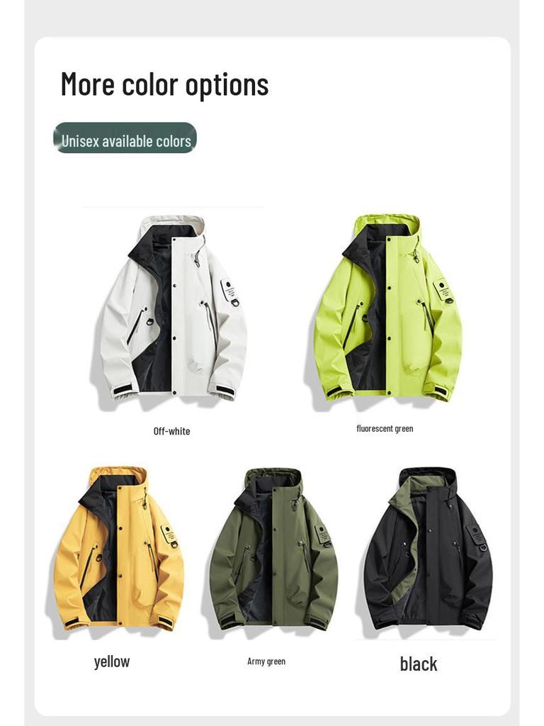 Pánská a dámská trendy jarní bunda proti větru s kapucí - Jednovrstvá, bouřková bunda ve stylu pracovního oděvu