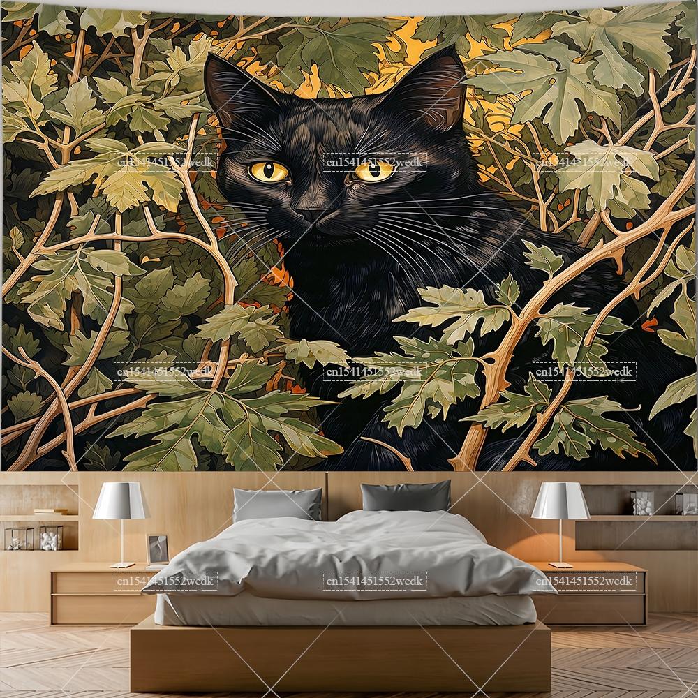 Black Cat Lover Tapestry Wall Hanging Animals Painting Jungle Tapestries Aesthetic Bedroom Deocr Art Flowers Printed Tapestrys