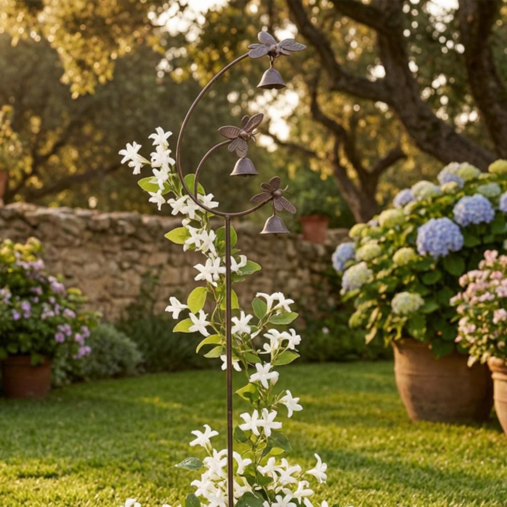 Bees Garden Stake with Bells Wrought-Iron Metal Lawn Decor Rustic for Homeowners