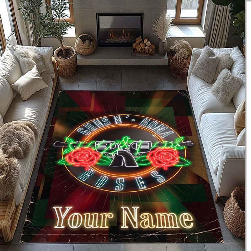 Guns N’ Roses Crystal Velvet Rug, Custom Name Text Personalized Non‑Slip Floor Mat for Home Decor Gift