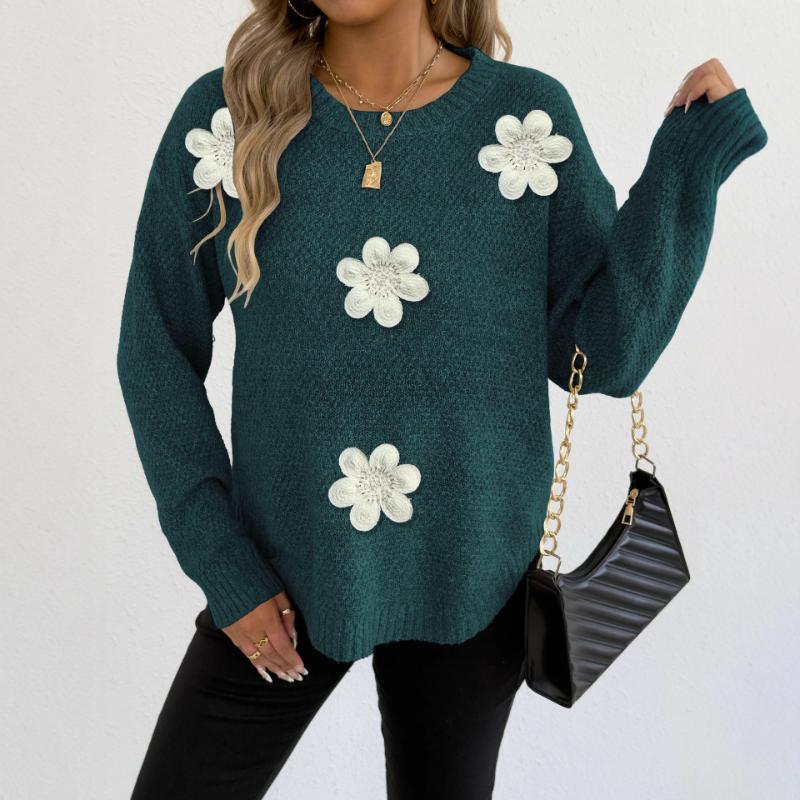 Damen Pullover mit Blumenverzierungen Rundhalsausschnitt Lockerer Schnitt Langarm Strickoberteil Mehrfarbig Lässig Mode Pullover