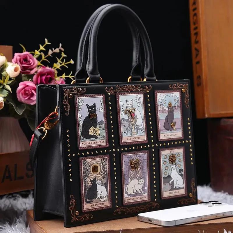 Modische Katzen-Elf Handtasche Top-Handle-Tote-Bag Quadratische Crossbody-Umhängetasche Niedliches Katzenmuster Vielseitige Tote-Bag Aktentasche für Damen