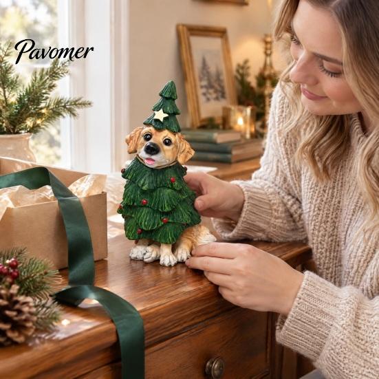 Resin Pet Decorations Christmas Dog Figurine, Puppy Statue in Tree & Gift Unique Themed Presents Box Costume, Festive Desktop Mantel Decor,