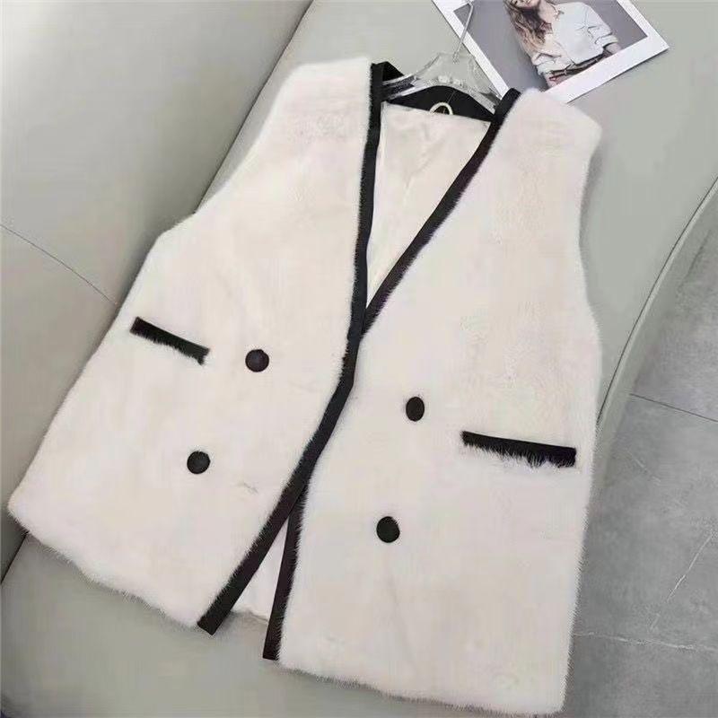 Autumn and Winter Women's Long Faux Mink Fur Vest with V-neckline and Splicing Faux Leather