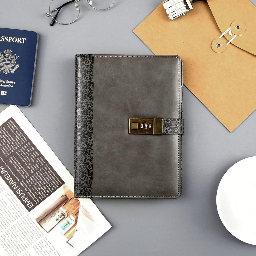A5 Business Planner with Lock, Antique Style, Loose-Leaf Diary with 6-Ring Lock, Card Storage, High-Quality Waterproof PU Leather, Brown, 230x180mm, P