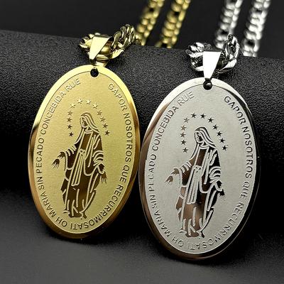Preghiera Cattolica Spagnola Nostra Signora di Guadalupe Collana Ovale per Donne Uomini Acciaio Inossidabile Colore Oro Catena Madonna Gioielli