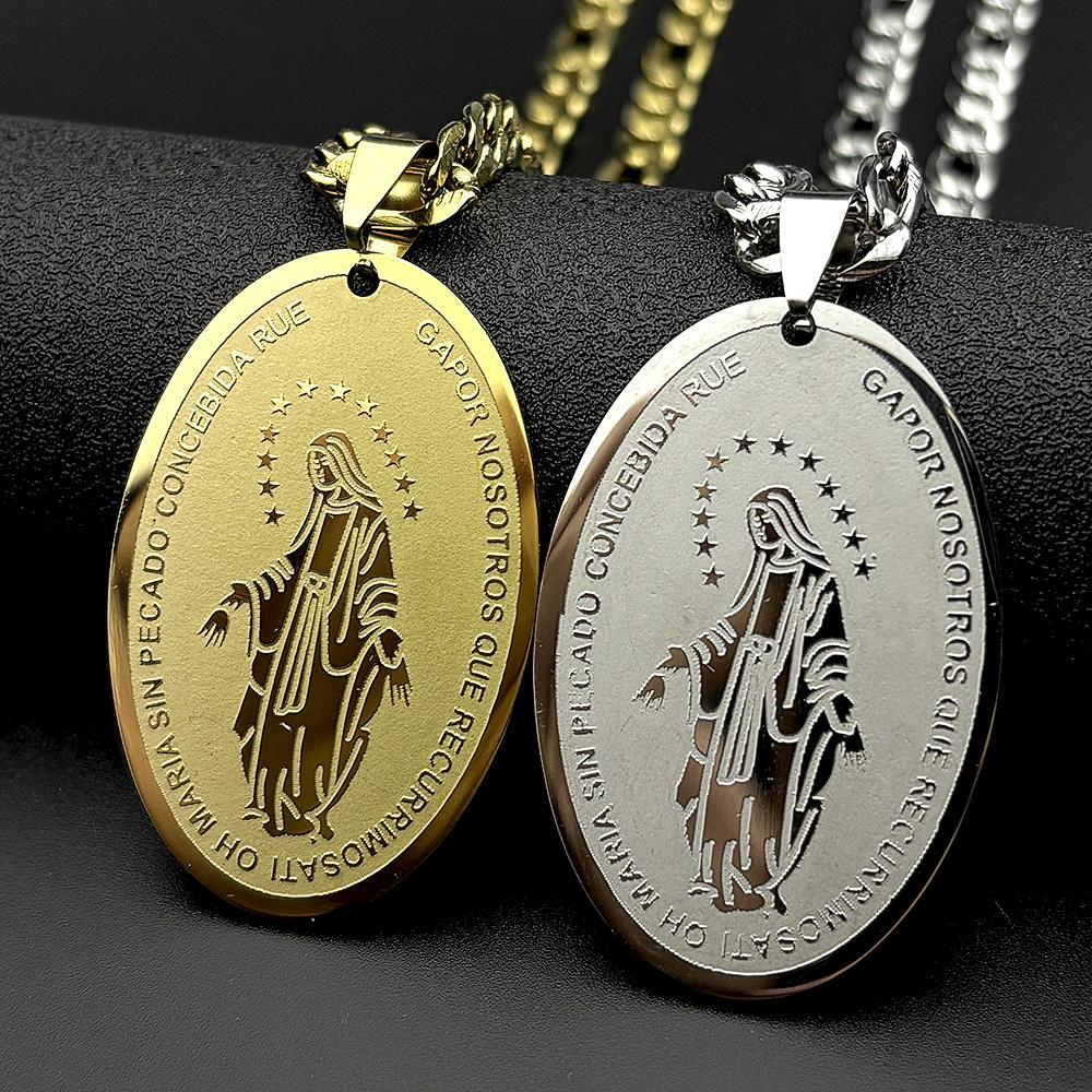 Preghiera Cattolica Spagnola Nostra Signora di Guadalupe Collana Ovale per Donne Uomini Acciaio Inossidabile Colore Oro Catena Madonna Gioielli