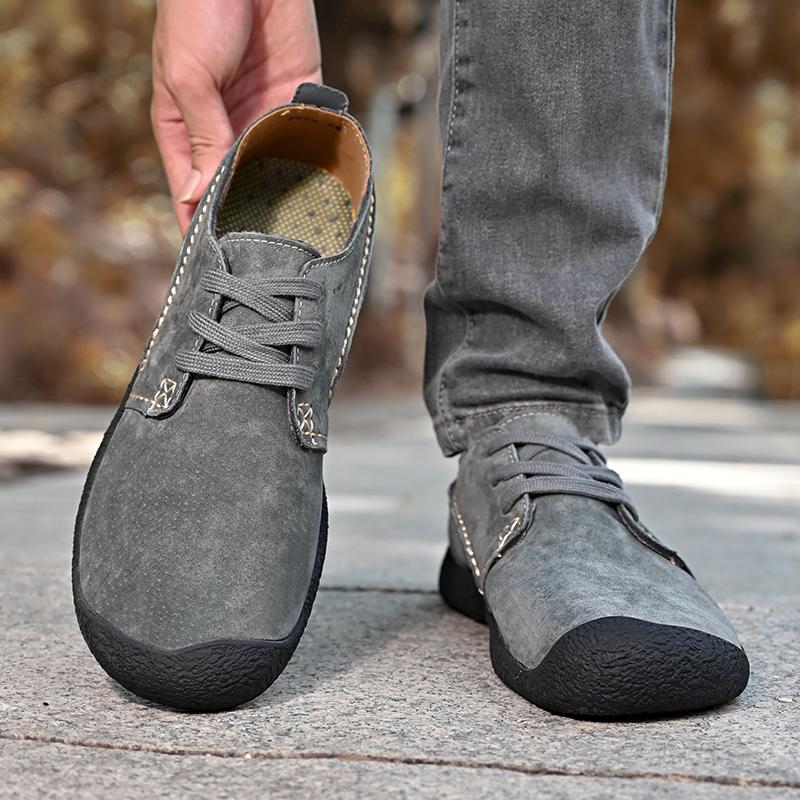 Men Retro Suede Handmade Casual Walking Shoes Outdoor Grey Lacing Driving Shoes Over Sized