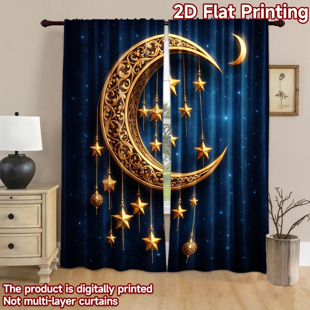 2D Flat Printing 2pcs Curtain Window Drapes Eid Golden Moon and Stars Digital Printed Polyester Drapes Festive Wall Decor