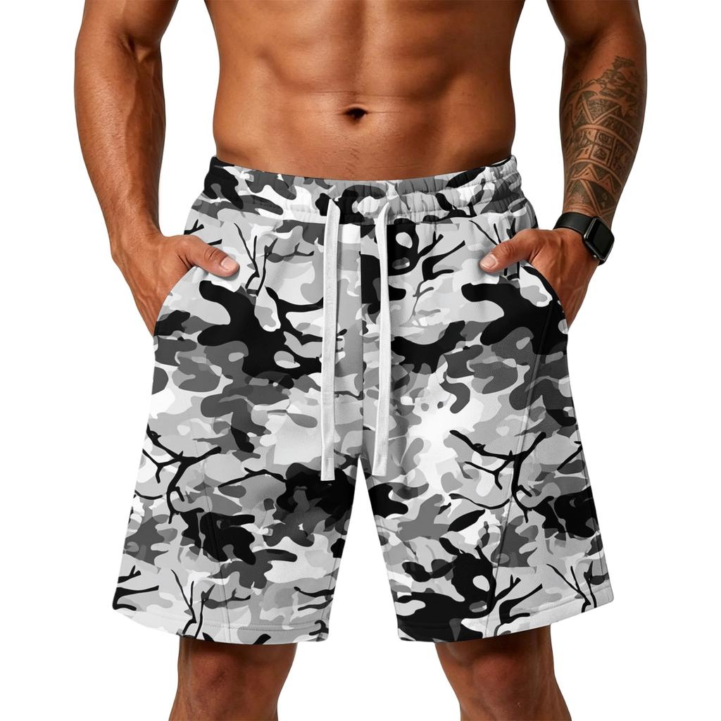 Herren lockere Camouflage-Print Sport Trainings Gym Strandshorts mit Taschen Elastischer Bund und Kordelzug für Outdoor-Aktivitäten