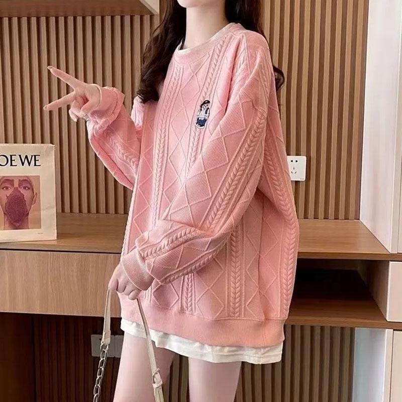 Sweat-shirt pour Femmes Coton Oversize Molleton Épaissi Ample Col Rond Décontracté Pull Haut Sweat-shirt Manches Longues