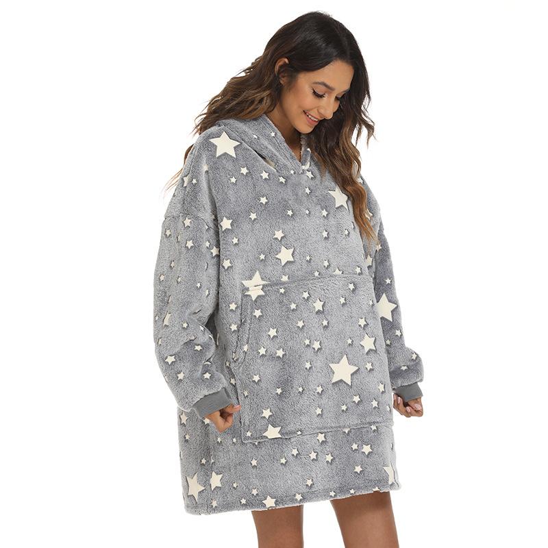 Women's Fashion Five-point Stars Glowing Robe Casual Hooded Short Flannel Loungewear