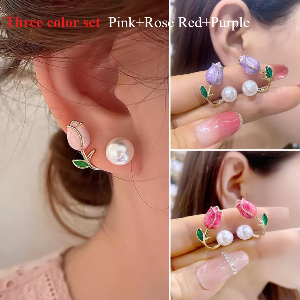 Sweet Fashion Enamel Pearl Tulip Flower Stud Earrings for Women Korean Temperament Zircon Back Hanging Earring Wedding Jewelry