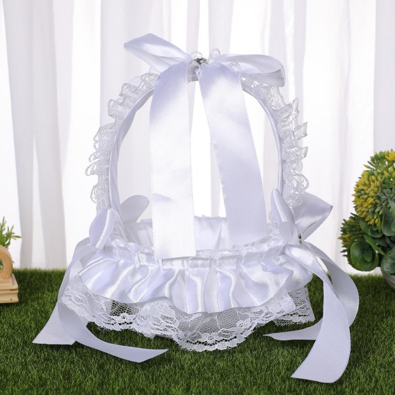 White Flower Girls Basket Pearl Lace Simple Wedding Basket for Flower Bride/kids Hand Held Wedding Ceremony Party Decorations