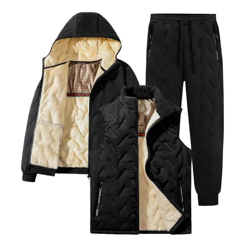 Mens Tracksuit Set Fashion Jogger Winter Graphene Fleece Warm Hooded Jacket Vest + Pants 3 Piece Male Casual Running Sports Suit