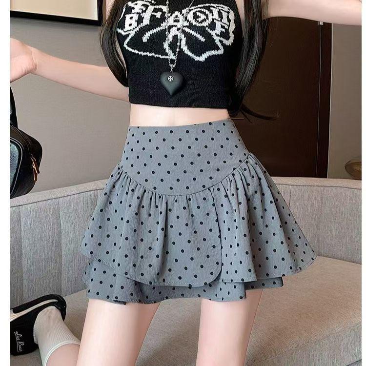 Polka Dot Ruffle High Waist Short Skirt - Petite Fluffy Autumn Edition 2025 XL серый