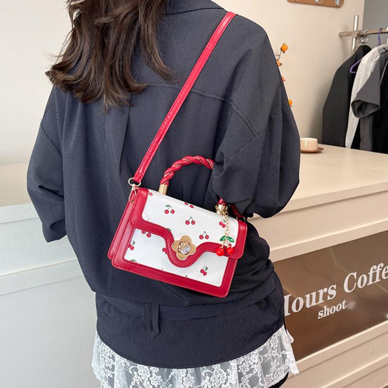 Women Cherry Square Bag PU Leather Sweet Cherry Crossbody Bag Adjustable Strap Sling Ladies Outdoor Small Handbags