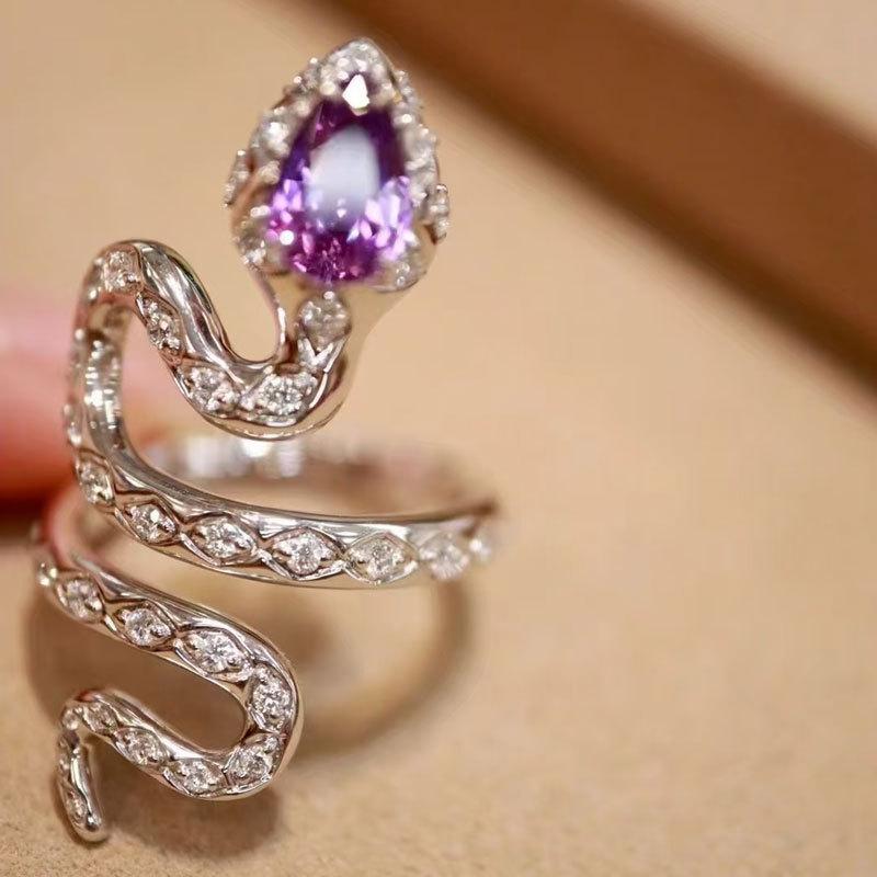 Snake Set With Natural Snake Ring, Purple Tooth Black Garnet Colored Crystal Snake-Shaped Personalized Female Ring.