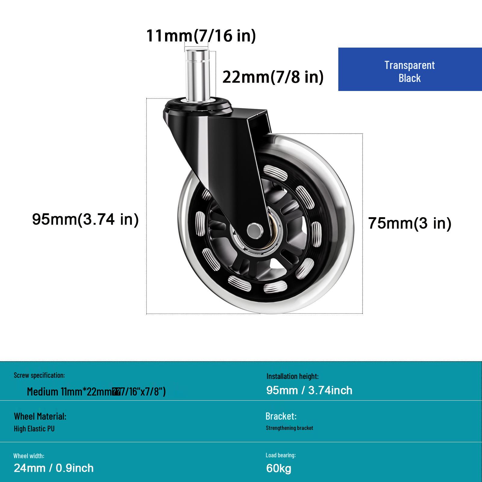 3-дюймовые полиуретановые колесики для офисного кресла - Поворотные колеса для игровых кресел, Зеленый/Черный/Прозрачный