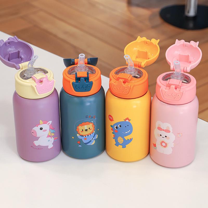 Kids' Outdoor Thermos Cup - Deer Antler Design, Straw & Smart Lid, Stainless Steel, Cartoon Style with Strap