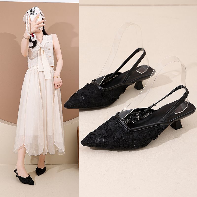 Niche design toe slippers for women wear 2025 pointed mesh rose thick heels and slip-on back air sandals