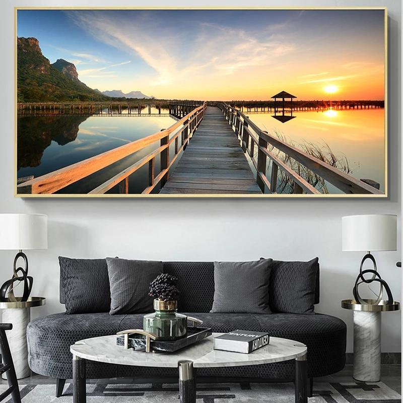

Мост Деревянный пейзаж с озером, холст, картина, закаты, скандинавские постеры, принты, настенная художественная картина для декора гостиной, стены
