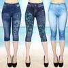 Women Denim Print Leggings Fashion Slim Leggings Faux Jeans Leggings Stretch Printed Short Leggins