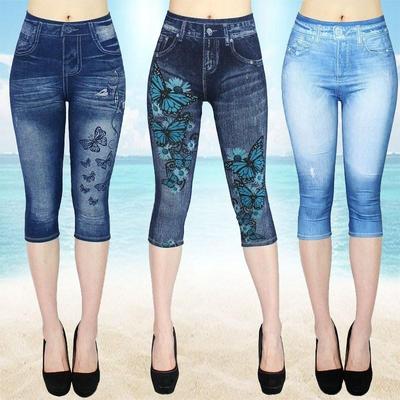 Kadın Denim Baskı Tayt Moda Ince Tayt Sahte Kot Tayt Streç Baskılı Kısa Leggins