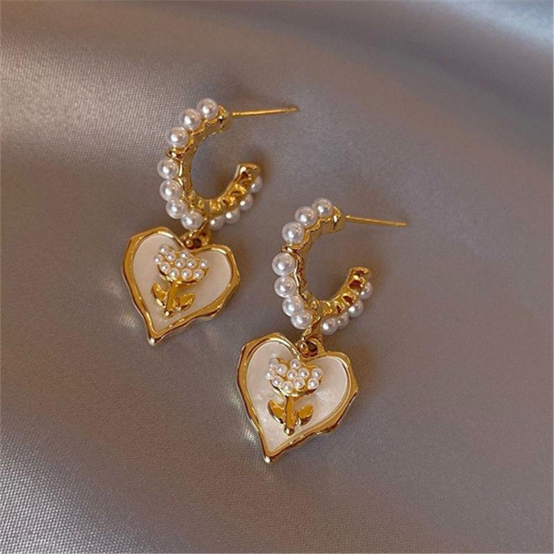 Korean Heart Drop Earrings For Women Girl Romantic Valentine's Day Gift Fashion Jewelry Trend Hanging Pearl Cute Bowknot Earring