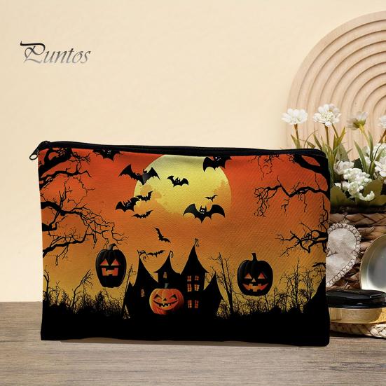 Versatile Zippered Storage Bag Halloween Bag, with Pumpkin Ghost Print, Durable Canvas Stationery Large Capacity Makeup Pouch, for Travel And