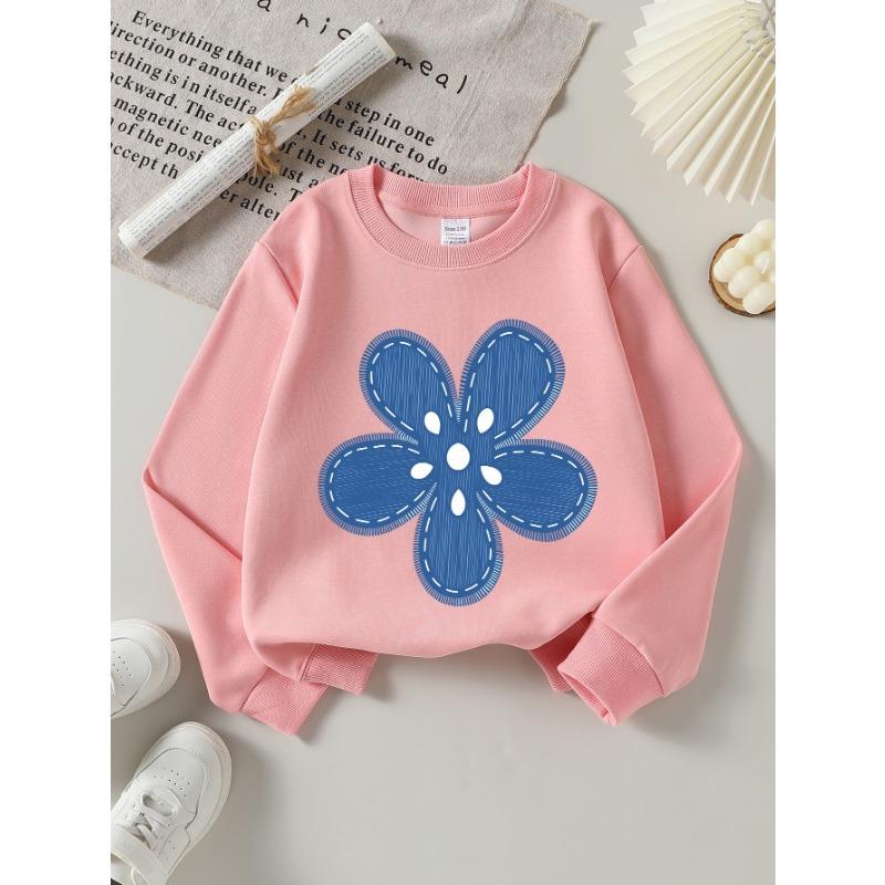 European sizes Girls' Long-Sleeve Round Neck Sweatshirt "Blue Stitched Flower" Print, Spring/Autumn, Casual, Daily & Sports.
