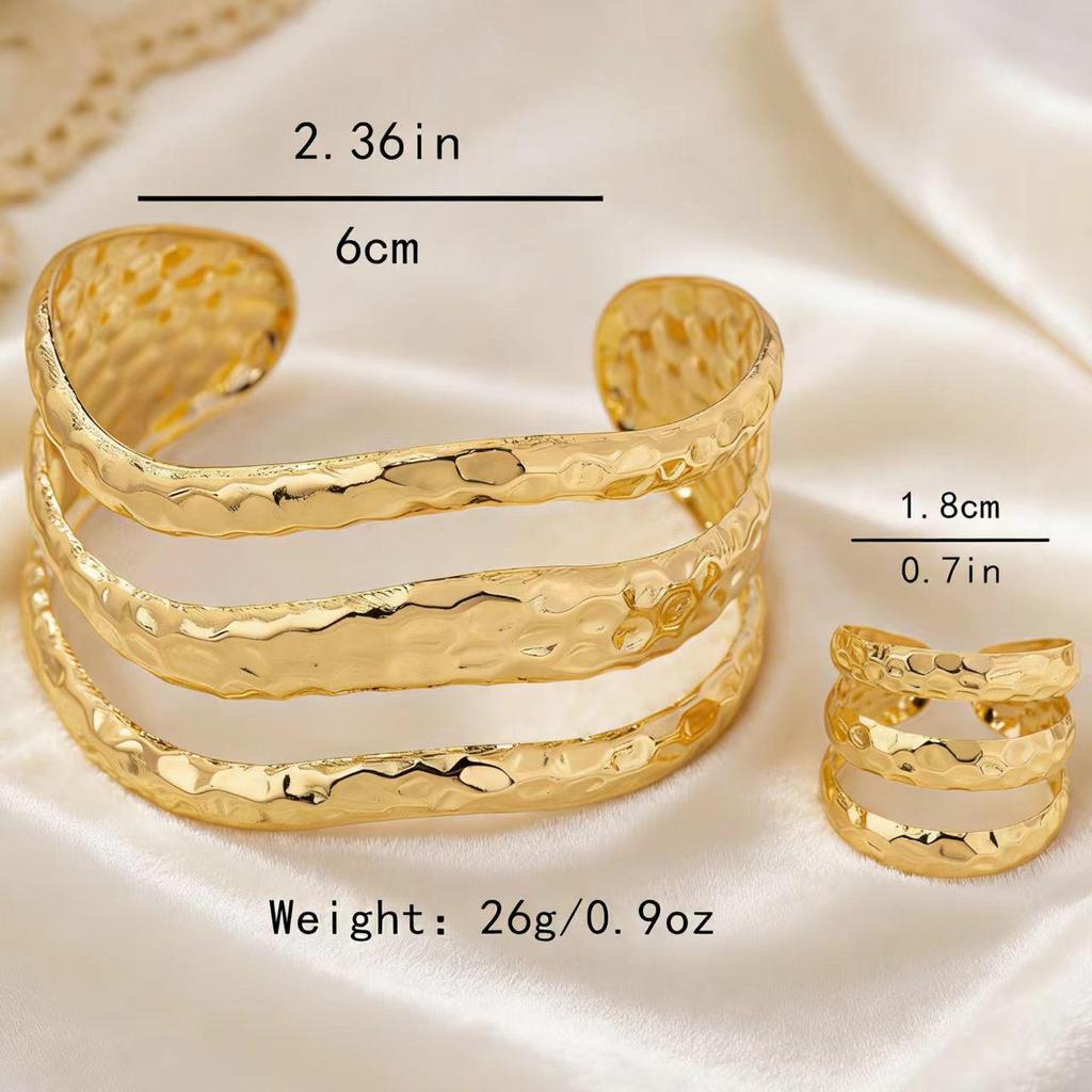 Cross-Border Fashion Hammered Texture Bracelet & Ring Set with Curved Lines and Multi-Layer Tin Foil Design