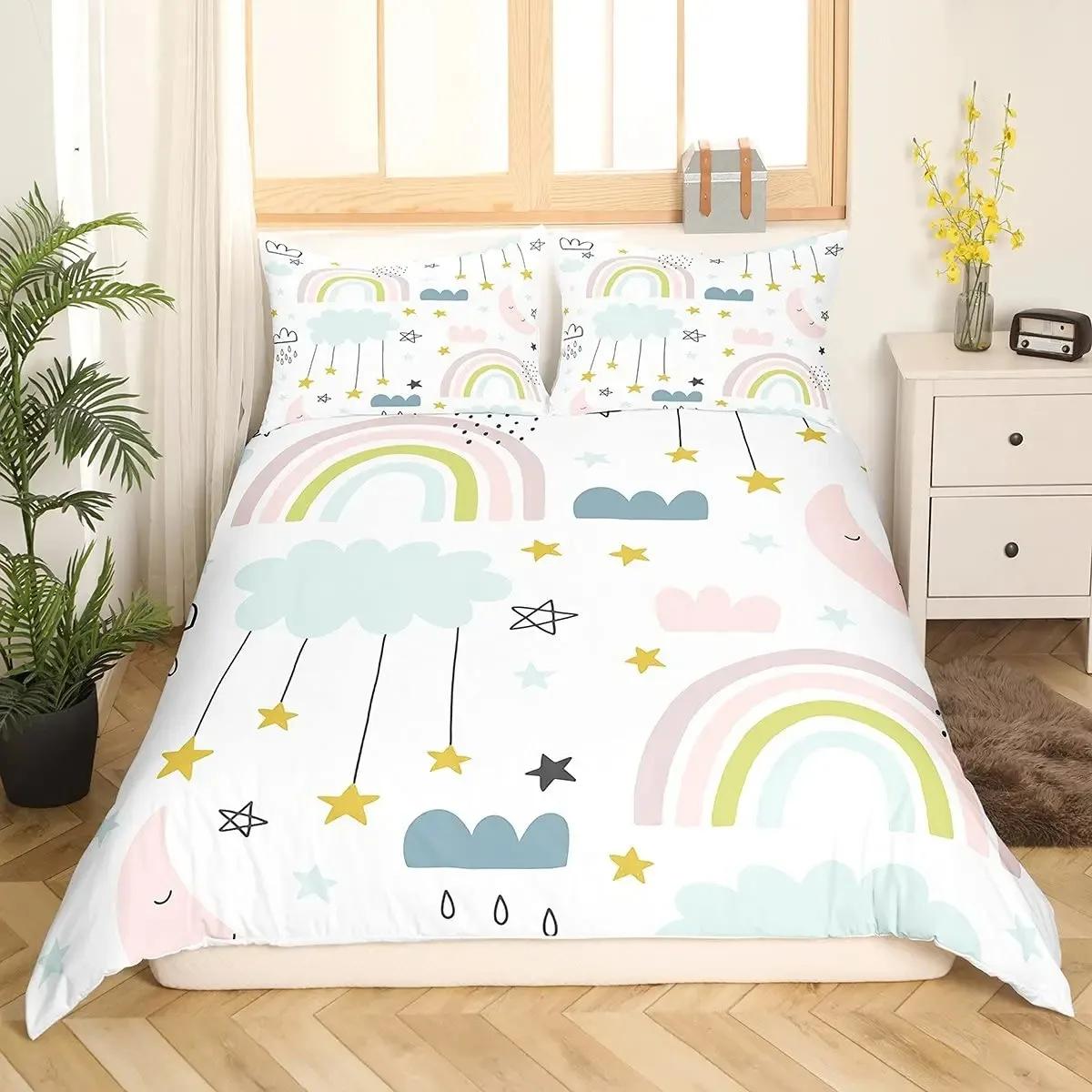 

Girls Rainbow Duvet Cover Set Sun and Stars Comforter Cover Full Size Cartoon Style Cloud Bedding Set Girly Soft Quilt Cover Set 70x133cm