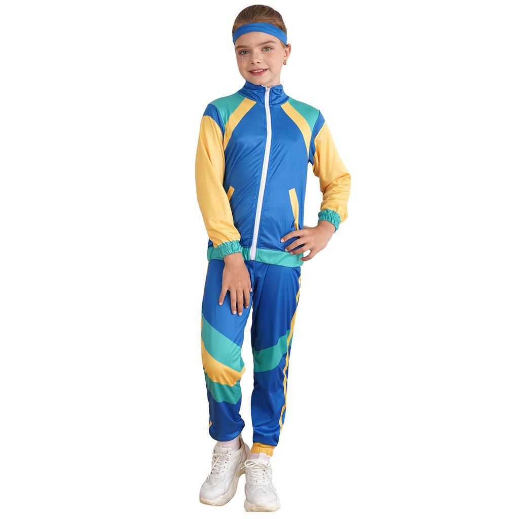 Dětský kostým 80. léta Retro Disco Colorblock Top Kalhoty Čelenka Set Hip Hop Tanec