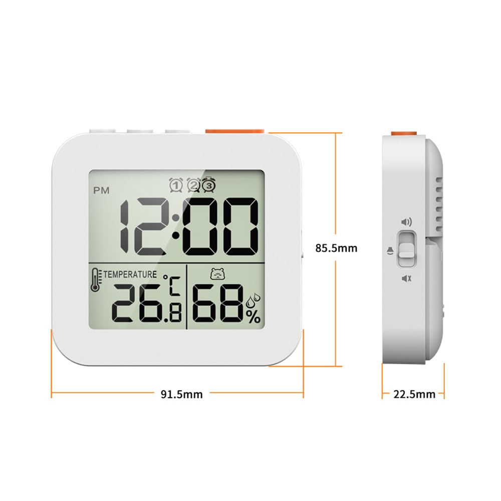 LCD Temperature and Humidity Clock with 3 Alarms, Multifunctional Alarm Clock, Wake-up Assistant for Children and Students, Digital Shower Clock with