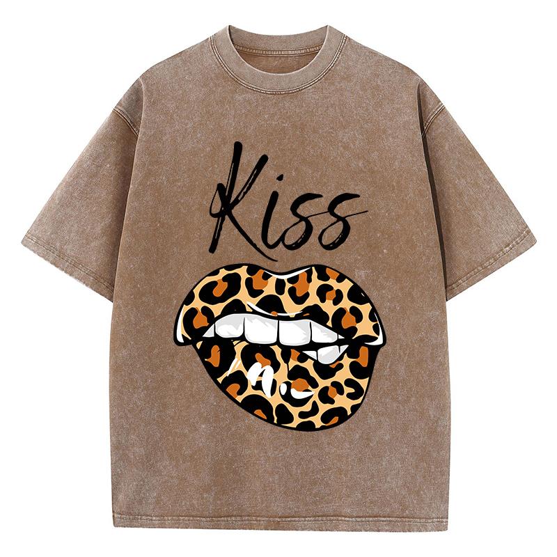 LeopardPrint Lips Kiss Prints Washed T Shirt Women Cotton Streetwear Distressed ONeck Comfortable Tops Summer Womans Clothes