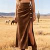 Faux Suede Maxi Skirt Women's Pearl Button Ruched High Slit Vintage Skirt