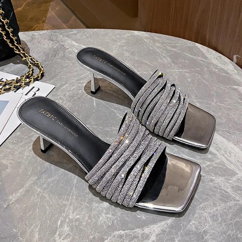 Women's High Heel Slippers Modern Slim High Heel Women's Shoes On Sale Summer 2024 New Sexy Crystal Design Women's Slippers