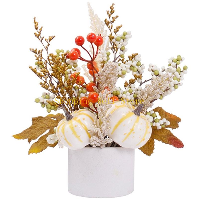 

KX4B Fall Home Decoration Set Plastic Pumpkins Maple And Rice Stem Centerpieces білий