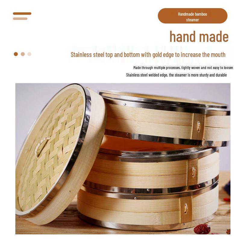 Mao Bamboo Steamer Basket with Stainless Steel Edge - Ideal for Baozi, Mantou, and Xiaolongbao.