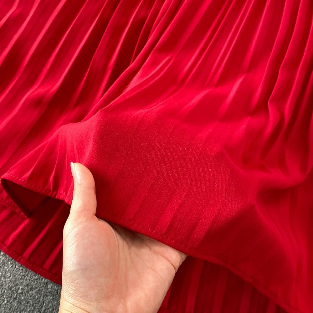 Summer Women's V-neck Short-sleeved Dress Knee-length Slim Temperament Waist Tie Large Swing Pleated Long Dress