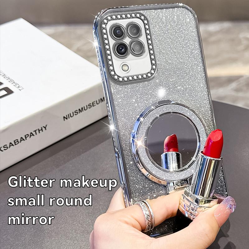 KEYSION Luxury Glitter Jewelled Magnetic Phone Case for Samsung Galaxy A22 A22S 5G A12 M12 Makeup Mirror Stand Shockproof Cover