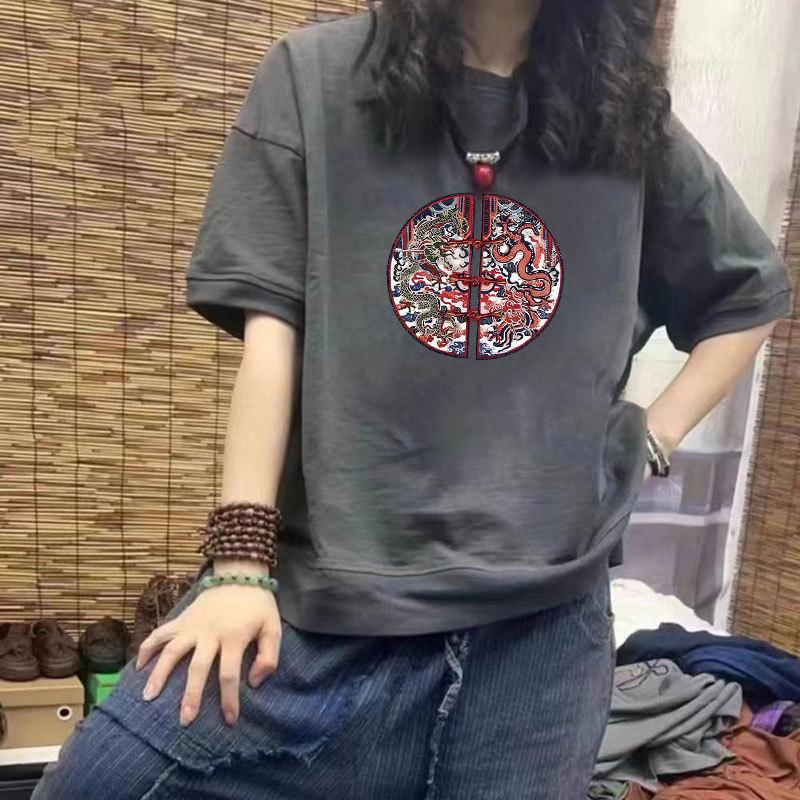 

Women s 100% Cotton Casual Short Sleeve T-Shirt - New Loose, Slimming Design, Half Sleeve, Plus Size, Trendy Print L for 100-120 jin