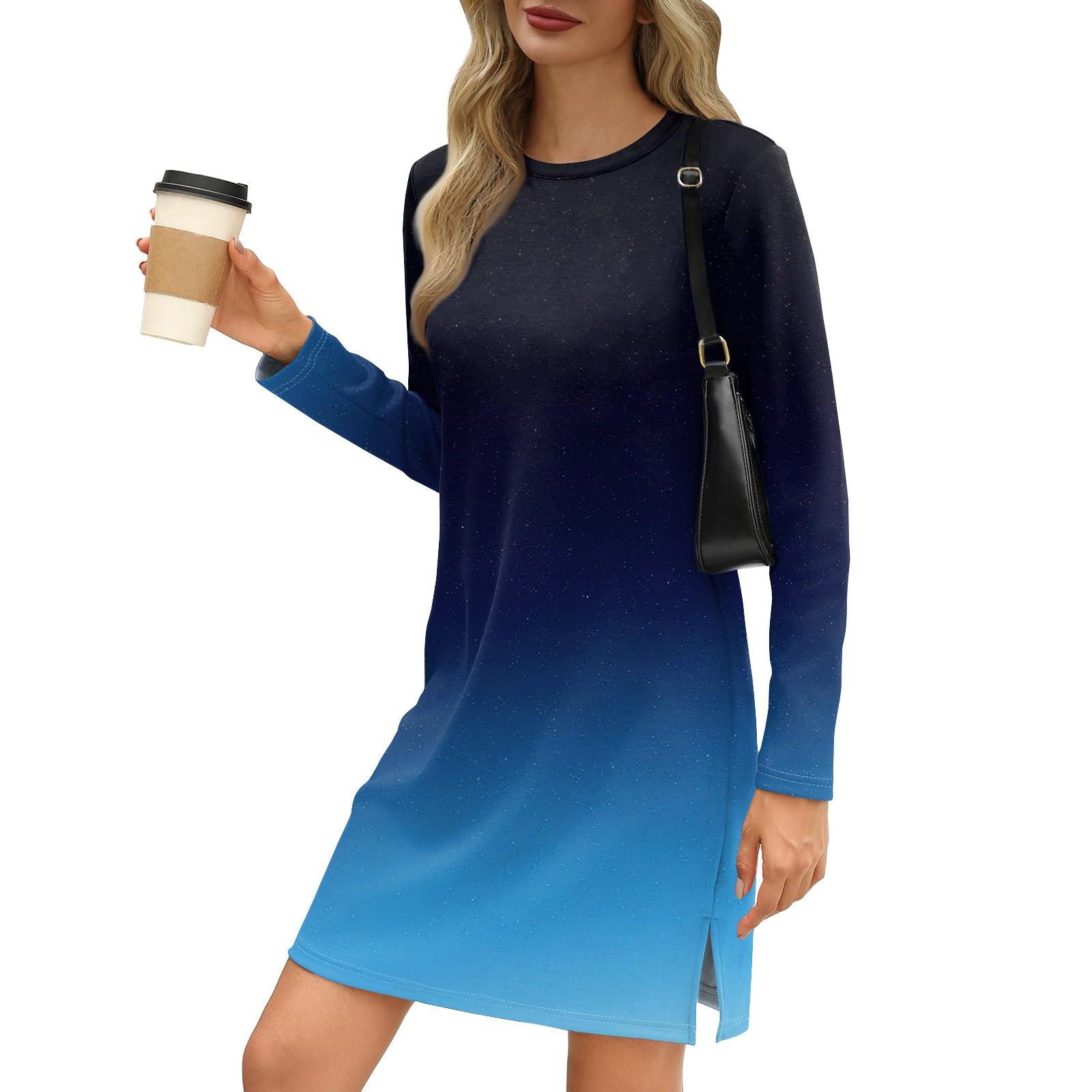 Женское модное повседневное платье с круглым вырезом и длинными рукавами и разрезом — фото 7