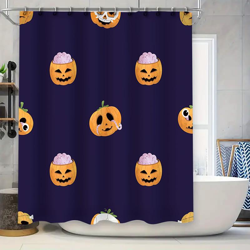 Halloween-themed Shower Curtain with Pumpkin Designs for Home Decor In Purple Color Waterproof Fabric Washable Bathroom Curtains
