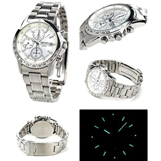 Seiko Reloj de Hombre Cronógrafo SND363PC Pulsera de Acero Inoxidable Plateada Subesfera de 1/20 de Segundo Tacómetro Indicador de Fecha Cuarzo Japonés Auténtico Nuevo