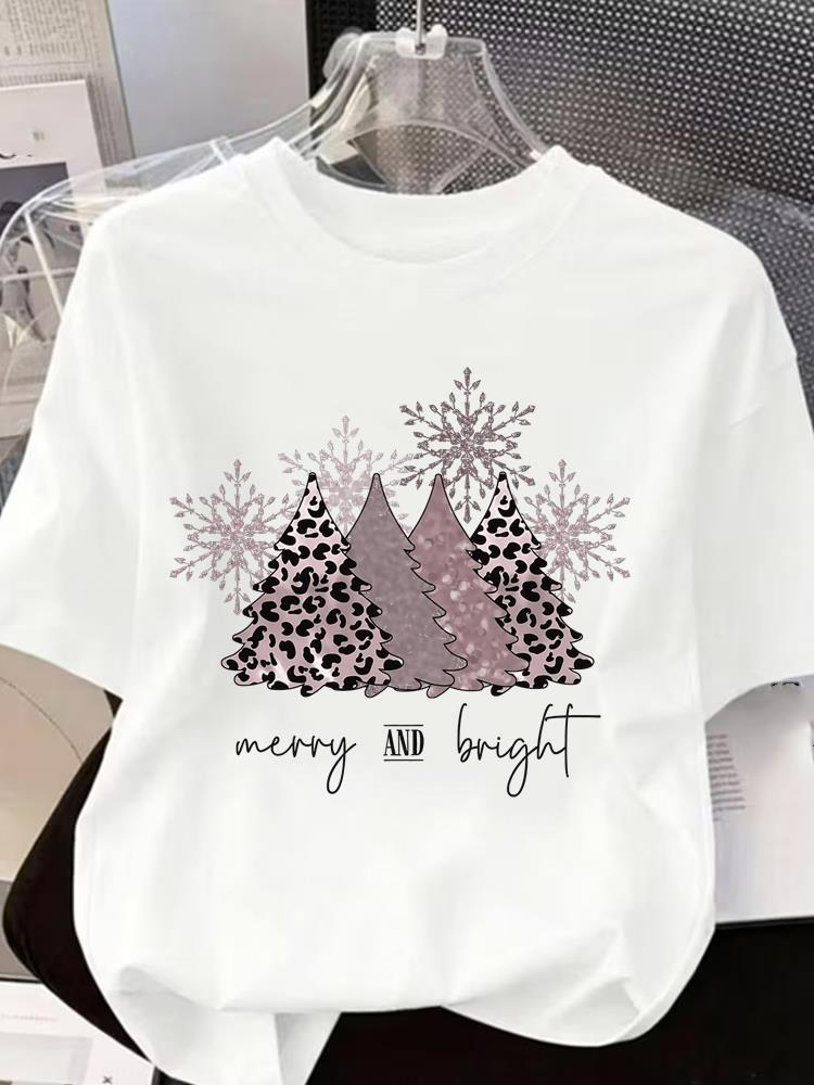 (Asian Size) Letter Tree 90s Short Sleeve T-shirts Women's Top O-neck T Shirt Print Merry Christmas Fashion Casual New Year Clothing Graphic Tee