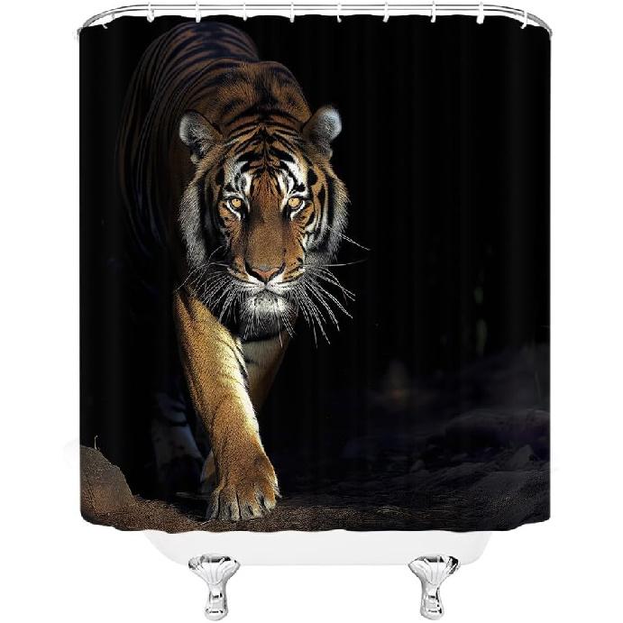 Tiger Shower Curtain Cool Powerful Animals Big Cat Wild Animal Asian Bathroom Decor Curtain with Hooks,Black Brown