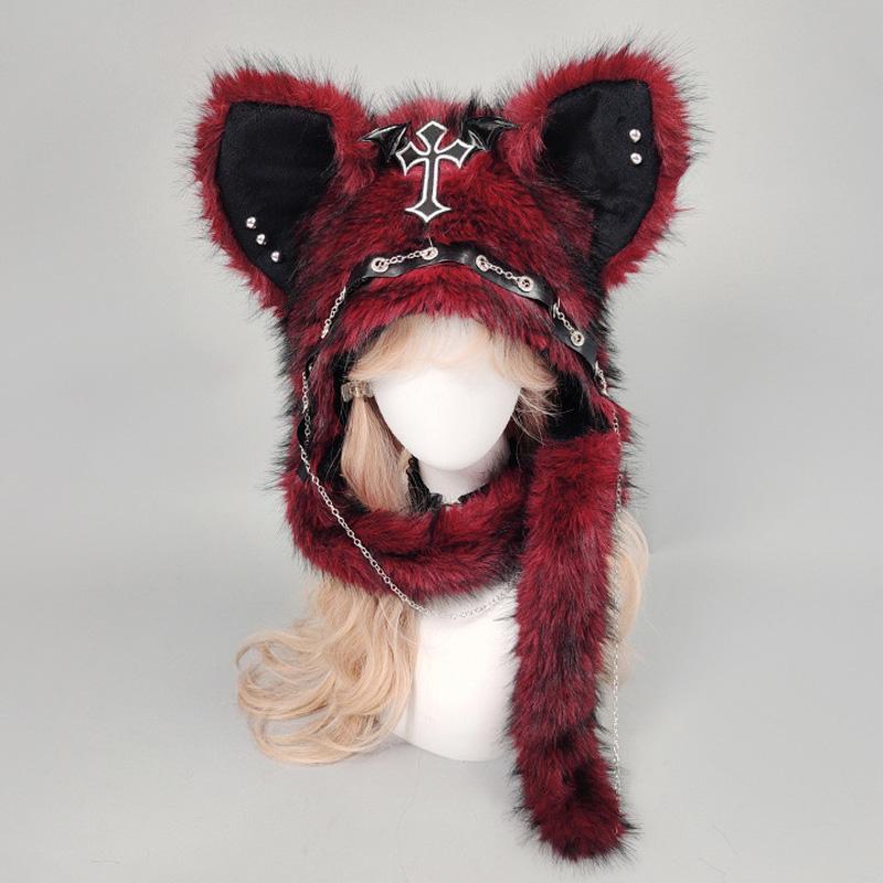 

Dark Gothic Plush Hat Y2K Metal Style Cosplay Headwear Handwork Cat Ear Hat Women Men Halloween Punk Rock Warm Cap One Size